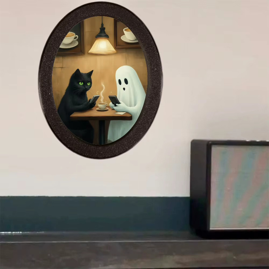 Ovales dekoratives Wandornament Black Cat & Ghost in Schwarz und Multicolour im gotischen Halloween-Stil - Bild 2