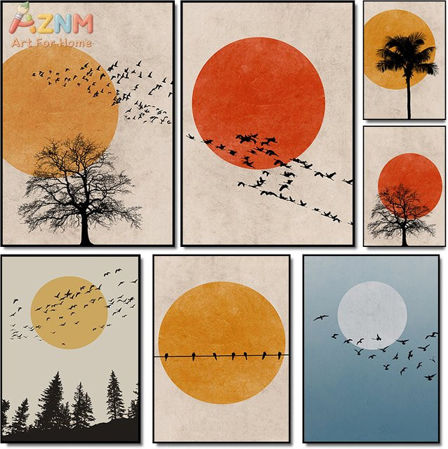 Kayou Boho Sun Bird Tree Leinwand-Wandkunst, minimalistischer Naturlandschaftsdruck mit Vögeln in Mehrfarbig, rechteckig und rahmenlos - Bild 1