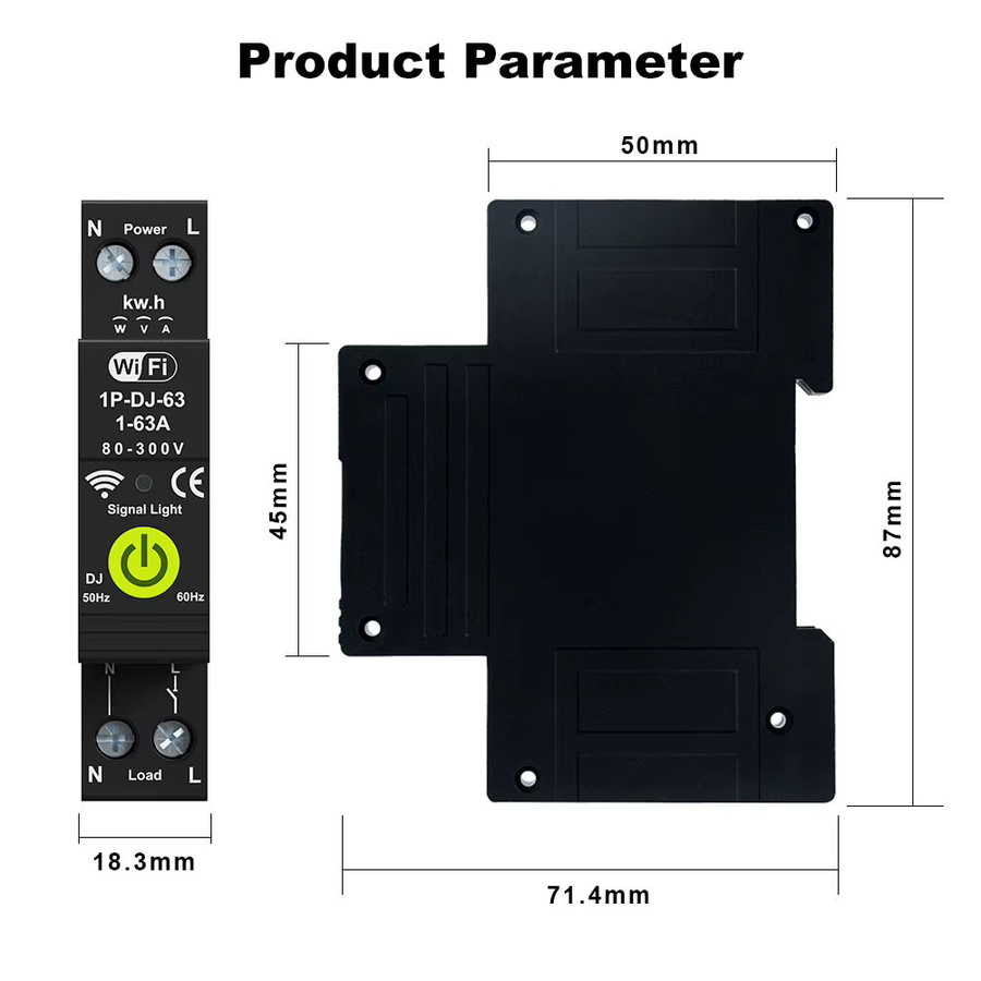 Tuya WiFi Smart Circuit Breaker MCB mit bidirektionaler Energiemessung und Timer in Schwarz - Bild 2