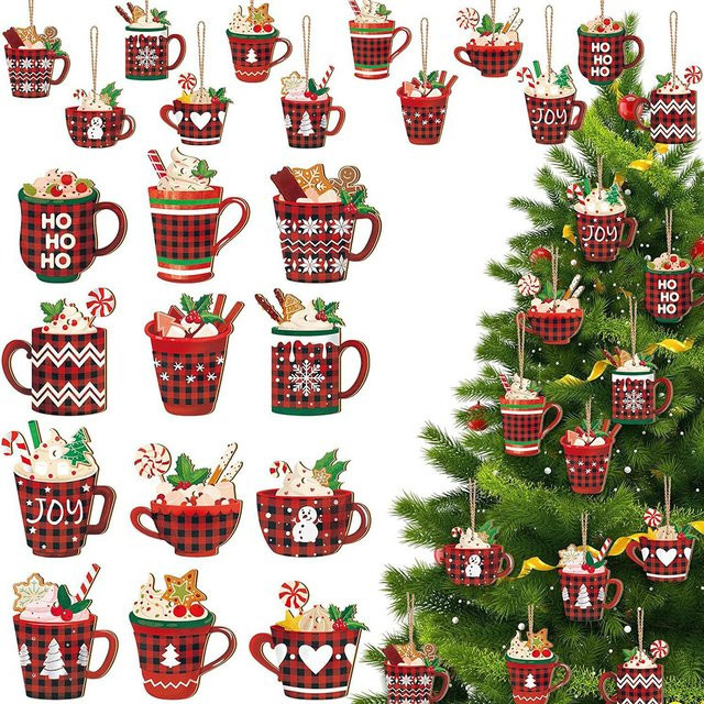Strong-Toyers Weihnachts-Anhänger aus Holz in Tassen-Optik für deinen Weihnachtsbaum, Set mit 12/24/36 Stück, Rot, Rustikales Design für Party-Deko und Bastelarbeiten - Bild 1