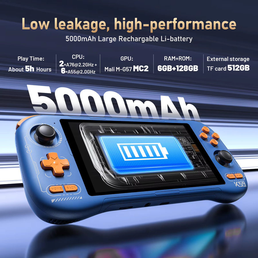 JSAMAZING K59 Pro Handheld-Spielkonsole mit Android 14, 5,5 Zoll Touchscreen, 5000mAh Akku und Kühlventilator in Blau - Bild 2