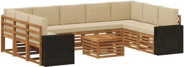 vidaXL Sofagarnitur aus Massivholz Akazie in Natur und Beige mit 10 Teilen und wetterfesten Kissen im modernen Latten-Design - Bild 1