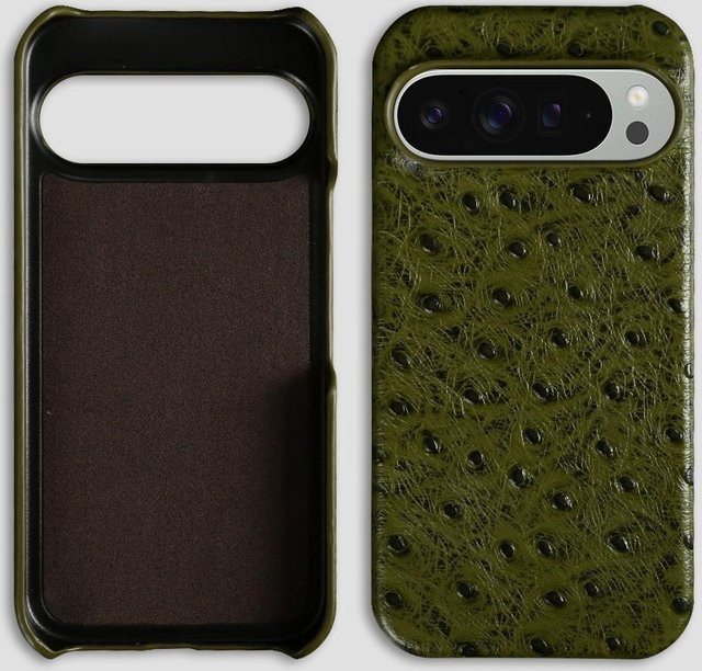 Echtes Straußenleder Case für Google Pixel 9 Pro, 8 Pro, 7A, 6 Pro, 6A, 9 Pro XL und 5a 5G in Grün - Bild 1
