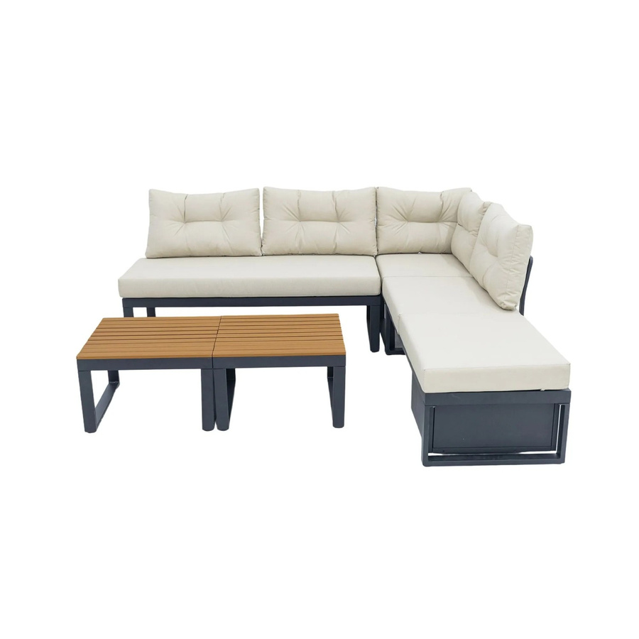 okwish L-Shape Gartenmöbelset in Beige mit Sofa, Couchtisch, Eckmodul und Aufbewahrungsbox aus pulverbeschichtetem Stahl und UV-beständigem Polyester - Bild 2