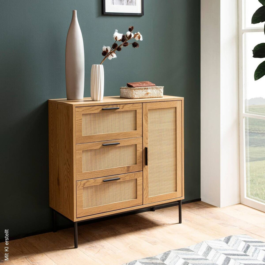 Wohnling Sideboard in Eiche Optik mit Rattan-Elementen, Farbe Natur/Schwarz, B/H/T: 80 x 82 x 36 cm - Bild 2
