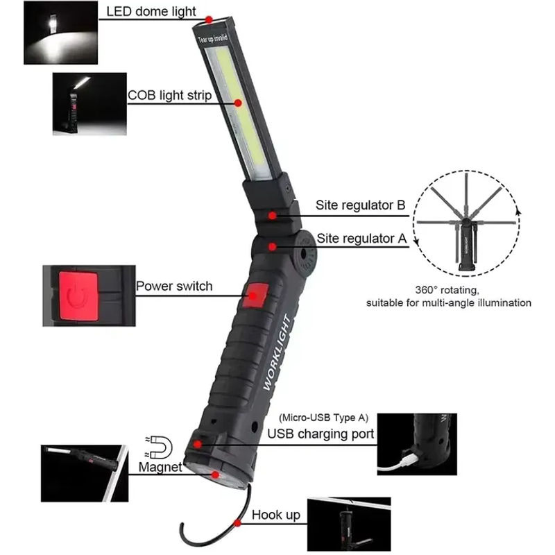 KDULIT USB wiederaufladbare LED Camping-Taschenlampe mit Magnet und Haken, wasserdichte Arbeitsleuchte in Schwarz mit 5 Beleuchtungsmodi - Bild 4