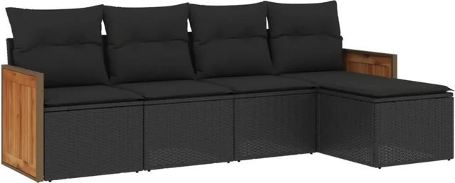 vidaXL 5-tlg. Garten-Sofagarnitur aus Polyrattan in Schwarz mit Kissen und Fußhocker - Bild 1