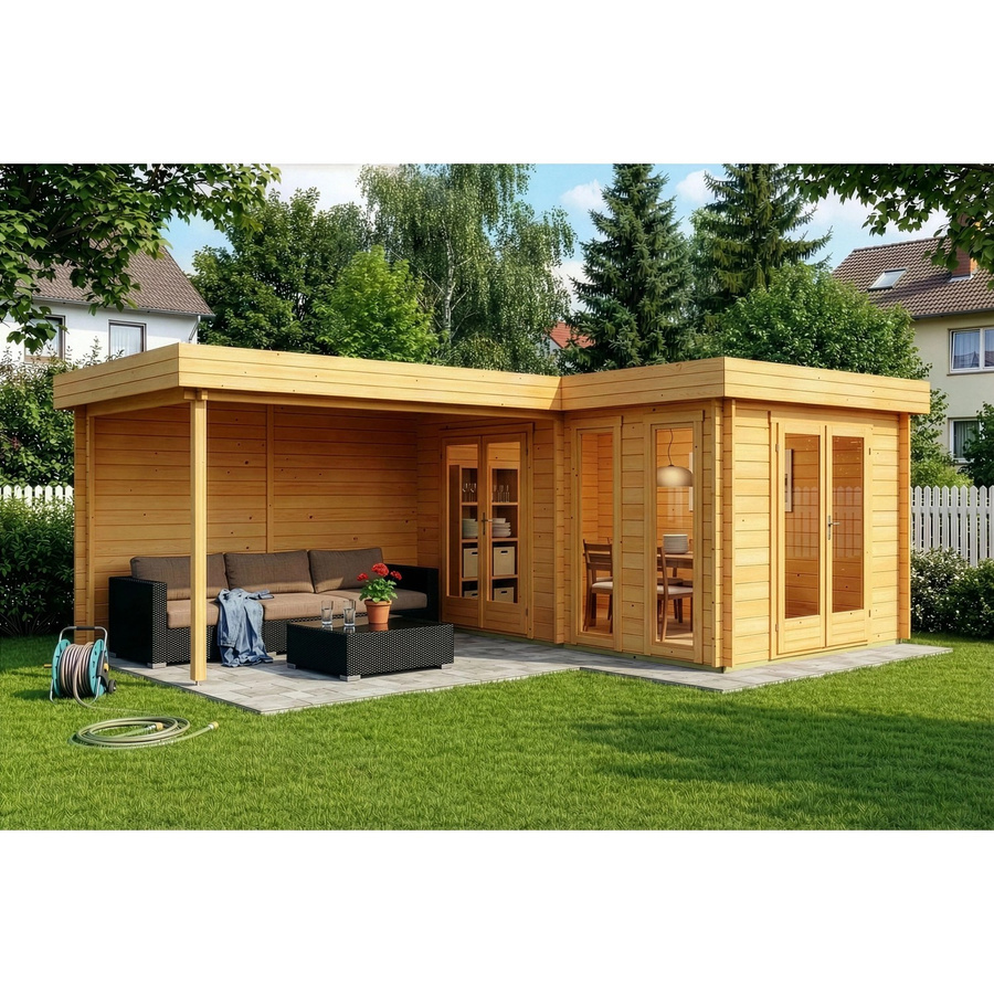 Carlsson Gartenhaus Quinta Flachdach Log Cabin aus Holz, Braun, B/T: 680 x 467 cm, Höhe: 236 cm - Bild 2