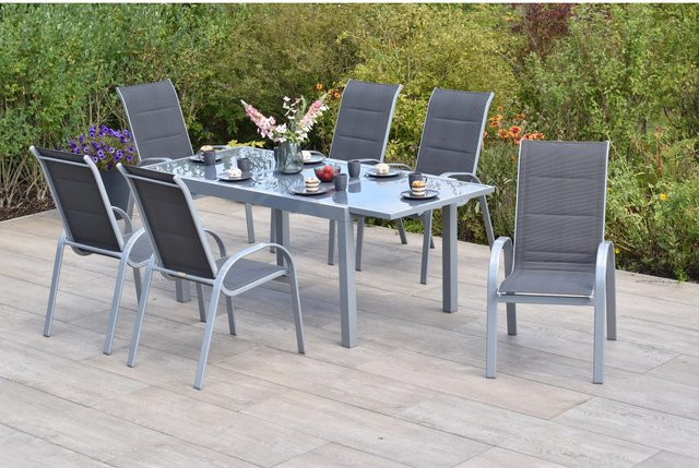 Merxx Amalfi di Lusso Gartenmöbel Set aus 7 Teilen mit 6 Stapelsesseln und Gartentisch in Anthrazit und Silber, Tisch B: 160 cm, T: 90 cm, H: 76 cm - Bild 1