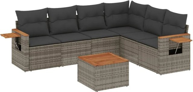 vidaXL 7-teilige Garten-Sofagarnitur in L-Form aus grauem Poly-Rattan mit Kissen und Akazienholz - Bild 1