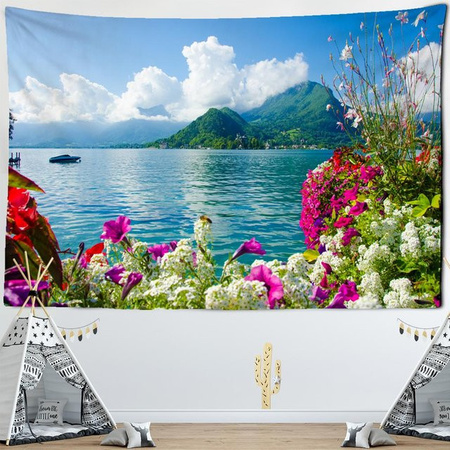 Super Six Wandteppich Berg und Stein mit Segelboot in Blau, Boho Landschaft Design, B: 95 cm, H: 70 cm