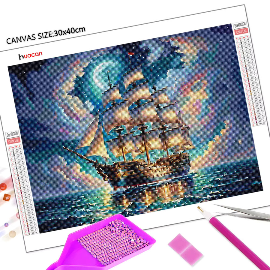 Huacan Rundes Diamantgemälde Mond und Segelboot im maritimen Landschaftsdesign, Mehrfarbig, Durchmesser: 30 cm - Bild 2