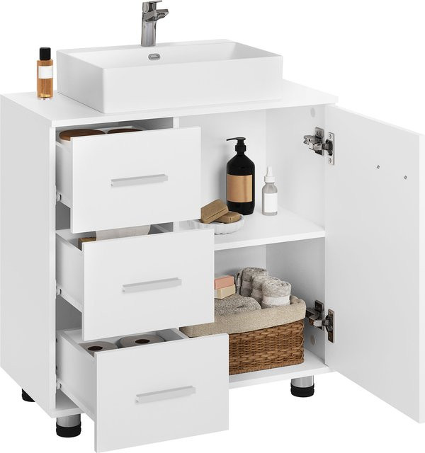 Eugad Badezimmerschrank Weiß mit 3 Schubladen und 2 Fächern hinter einer Tür, moderner Aufbewahrungsschrank aus MDF mit verstellbaren Regalen - Bild 1