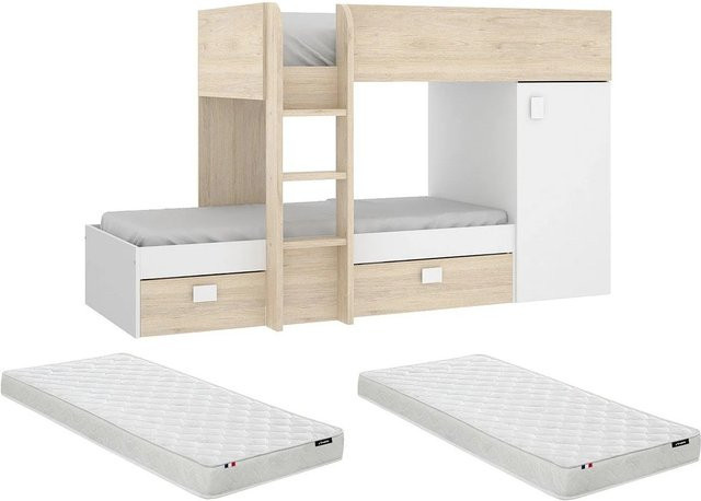 Vente-unique Etagenbett aus Massivholz in Naturfarben Hell und Weiß mit Schubladen, Höhe: 255 cm - Bild 1
