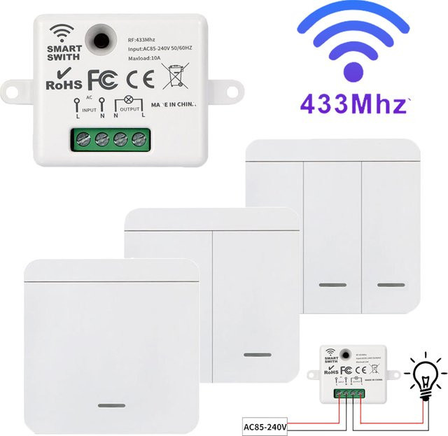 GGBEE Drahtlose RF433MHz Smart Switch Fernbedienung mit Wandpanel-Schalter für LED-Lampen und Ventilatoren, Weiß - Bild 1