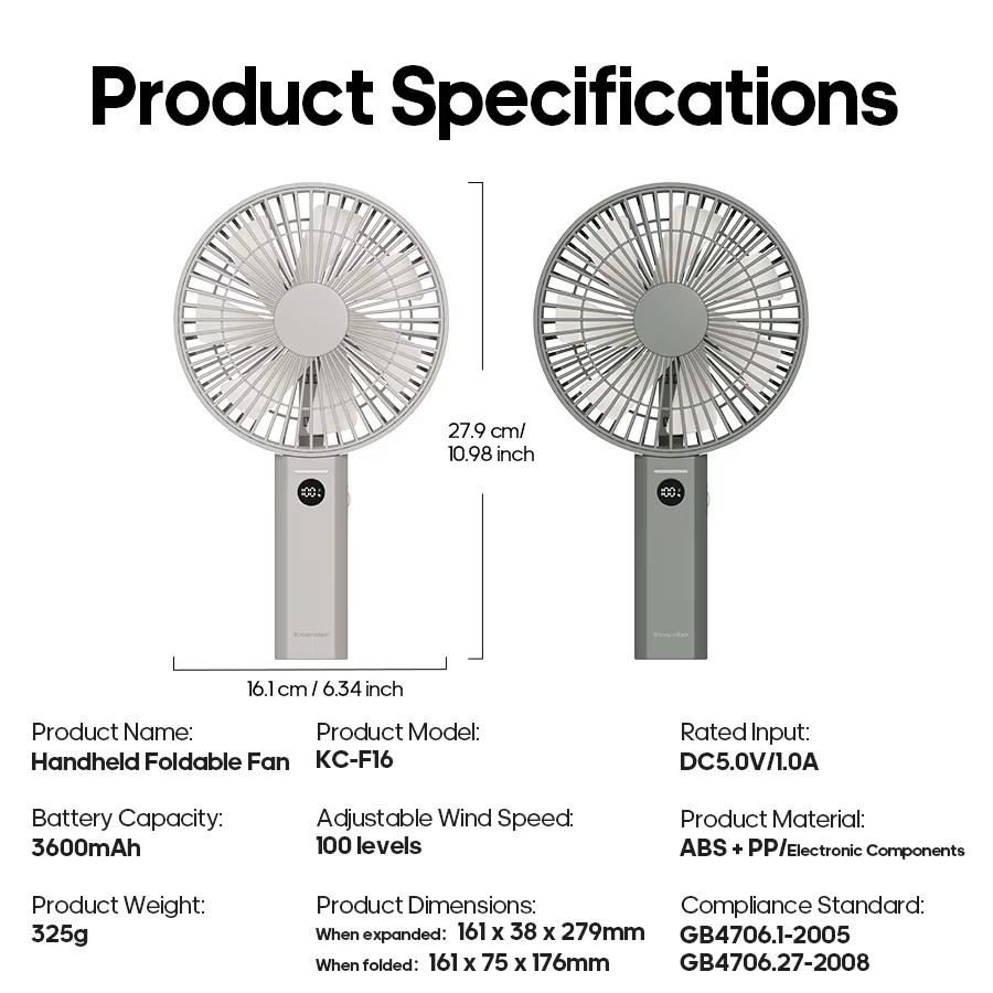 Kinscoter Tragbarer Handventilator Beige, Faltbarer Tischventilator mit 3600 mAh Akku, Wiederaufladbar, B/T/H: 27,9 x 16,1 cm - Bild 6