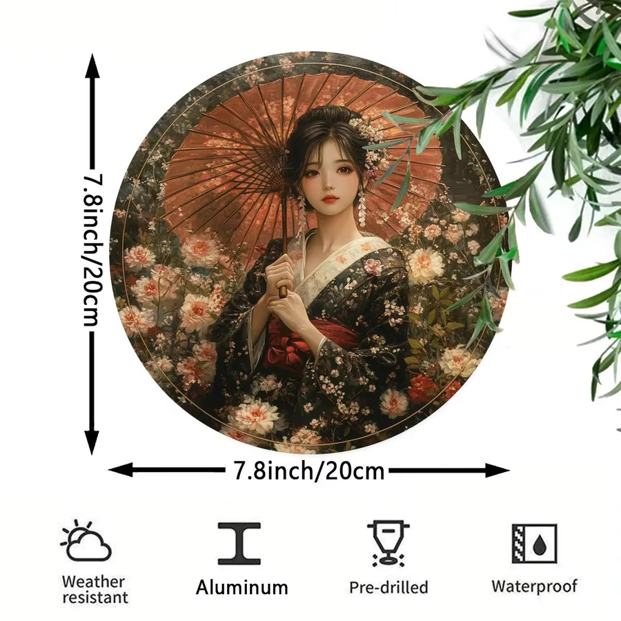 Japanische Geisha Metallwandkunst von UMBRELLA, rundes Aluminiumschild in Multicolour, Durchmesser: 20 cm - Bild 2