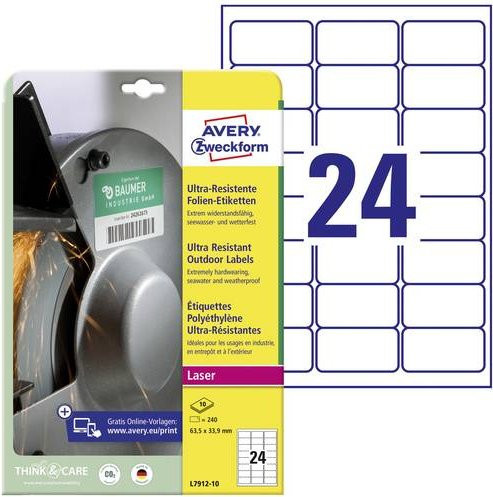 Avery Zweckform Folien-Etiketten L7912-10, Weiß, Polyethylen, B: 33,9 mm, H: 63,5 mm, 240 Stück - Bild 1