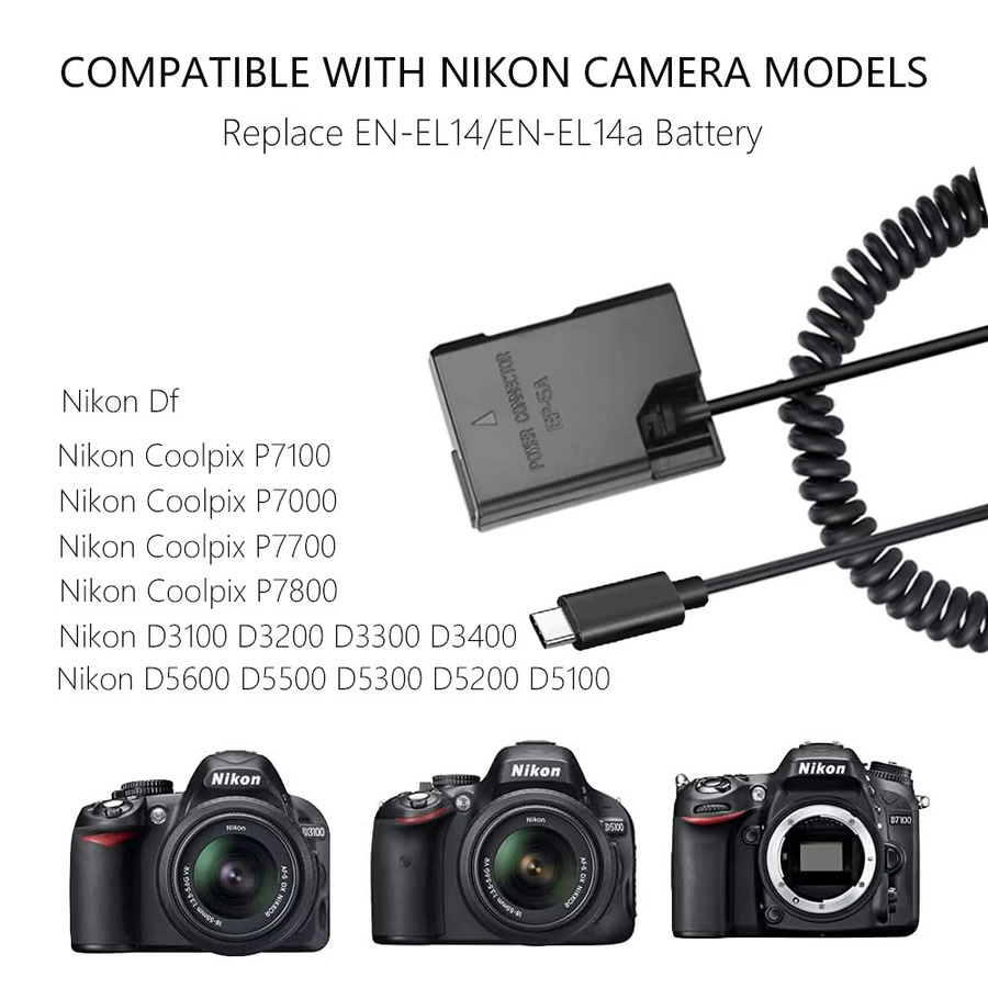 EP-5A USB-C Dummy-Akku mit USB-C-Kabel für Nikon P7800 P7100 D5600 D5500 D5200 D5100 D3200 D3100 D3300 in Schwarz - Bild 5