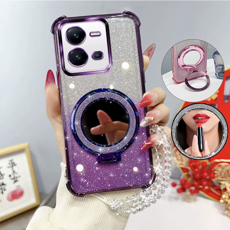 LIEI Handyhülle mit Spiegelständer, Perlenband und Glitzer-Design für Vivo V25, V25e und X80 Lite in Pink - Bild 4