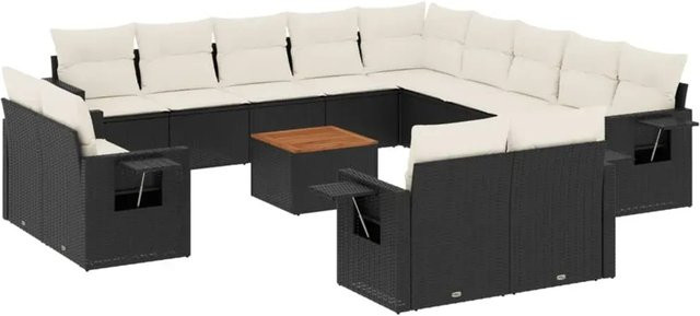 vidaXL 14-teilige Garten-Sofagarnitur aus Poly-Rattan und Akazienholz in Schwarz-Creme mit Kissen - Bild 1