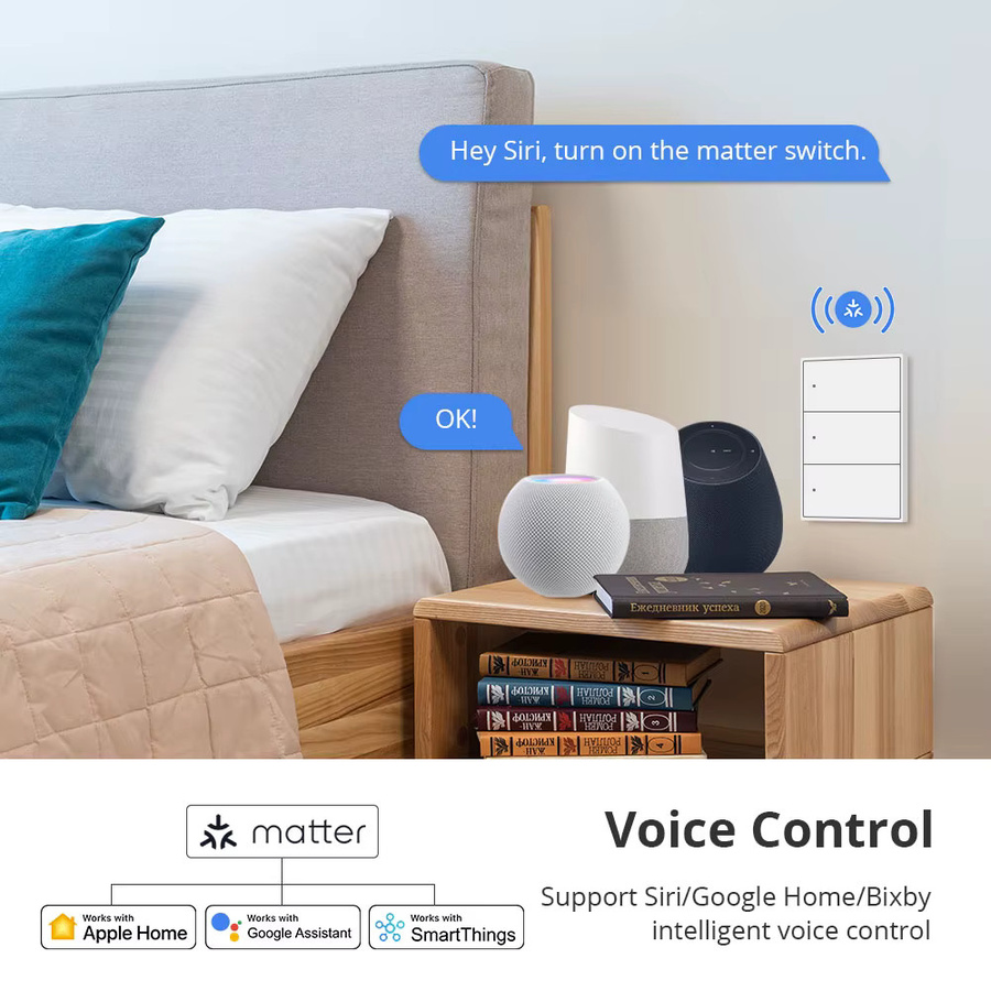 Zemismart Matter Over WiFi Physischer Drucktastenschalter in Weiß, Intelligenter Wandlichtschalter für Google Home, Apple HomeKit und SmartThings, Modernes Design - Bild 3
