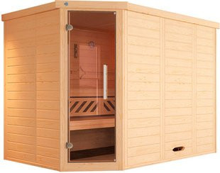 WEKA Massivholzelementsauna Kemi Eck 2 in Braun mit 9 kW Ofen und externer Steuerung für 6 Personen - Bild 1
