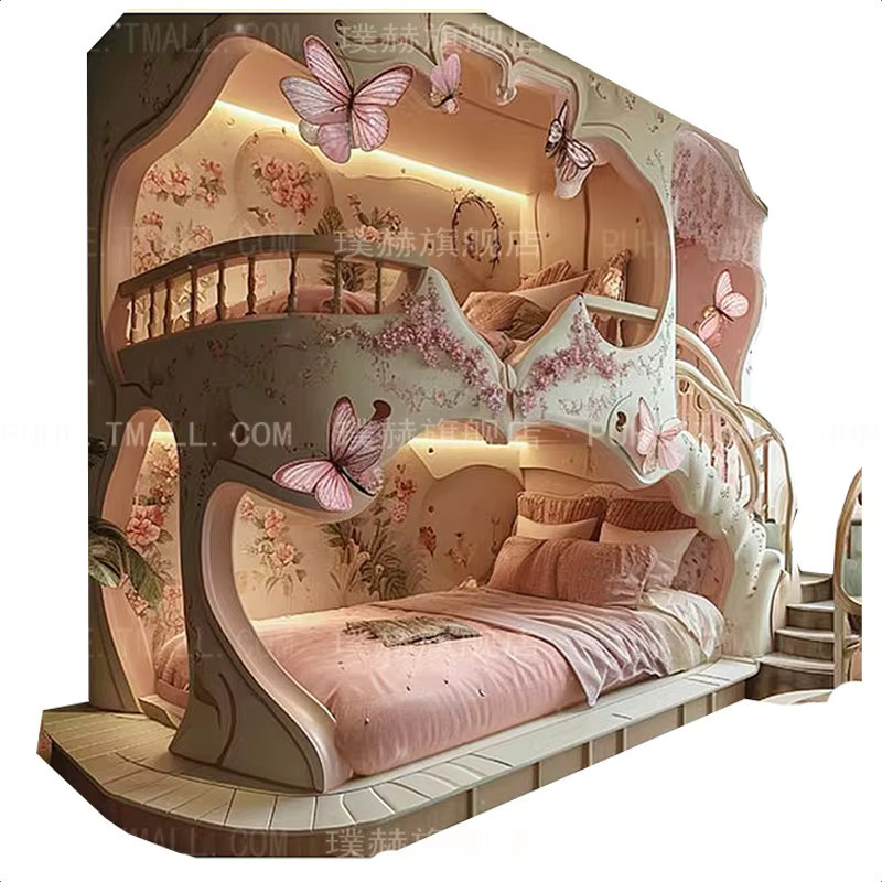Luxuriöses Kinderbett im Baumhaus-Design als Prinzessinnenschloss in Rosa aus lackiertem Holz - Bild 3