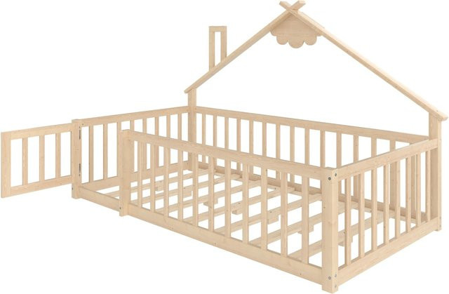 okwish Kinderbett mit Hausleiste und Geländer in Natur, B/T/H: 90 x 190 x 112 cm - Bild 1