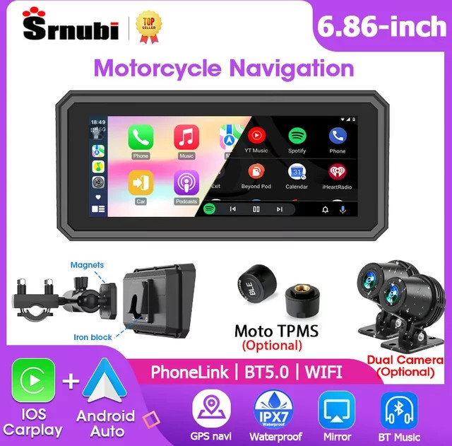 Srnubi Carplay Motorrad DVR Multimedia Player mit GPS Navigation und TPMS, 6,86 Zoll, Schwarz - Bild 1