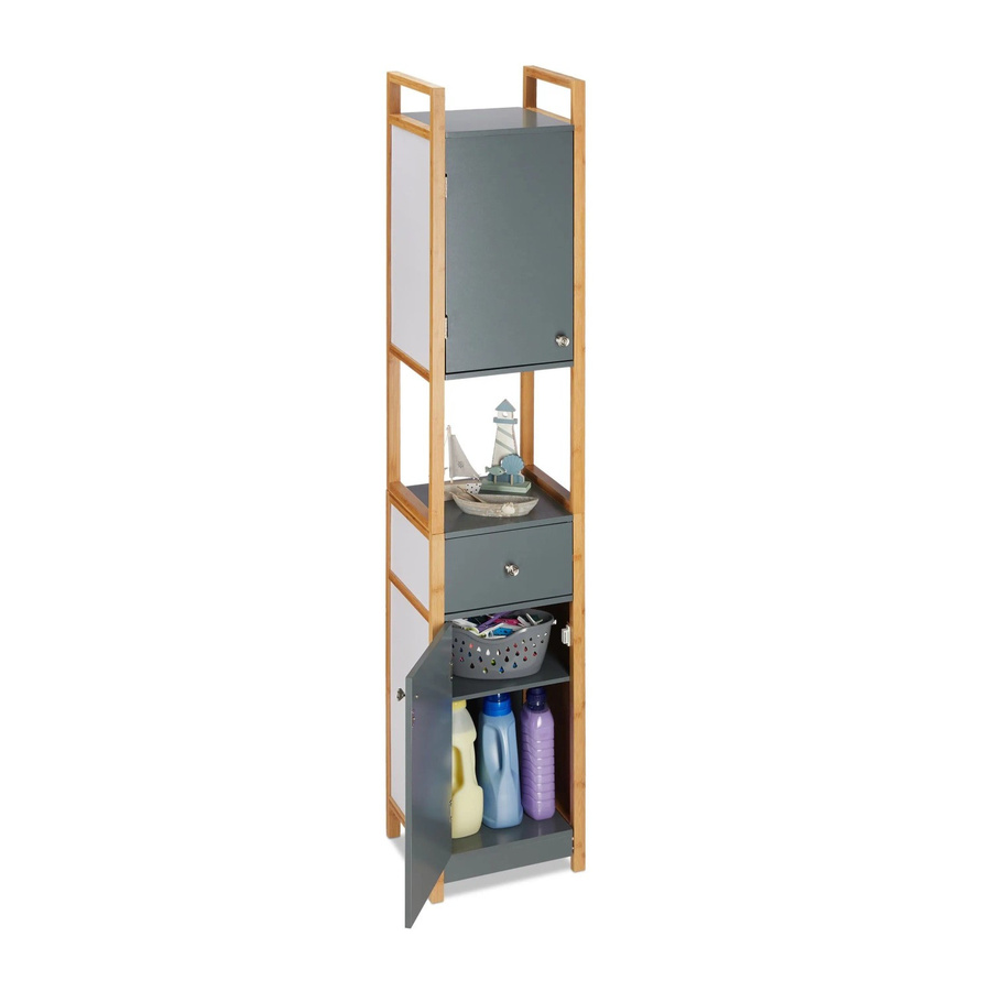 Relaxdays Hochschrank für Badezimmer und Flur aus MDF und Bambus in Dunkelgrau, Weiß und Natur, höhenverstellbar, H x B x T: 165 x 31,5 x 29 cm - Bild 2