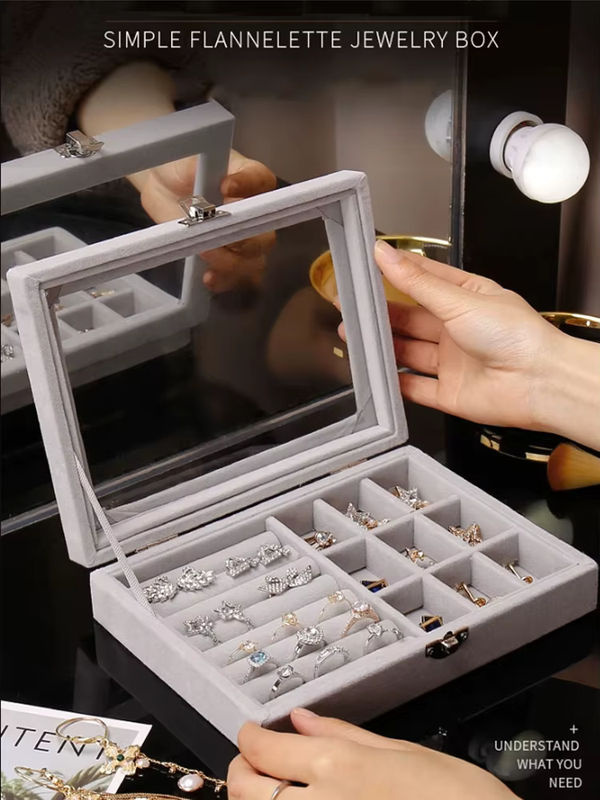 Tragbarer Schmuck-Organizer aus Samt in Grau für Ringe, Ohrringe und Schmuckdisplay - Bild 5