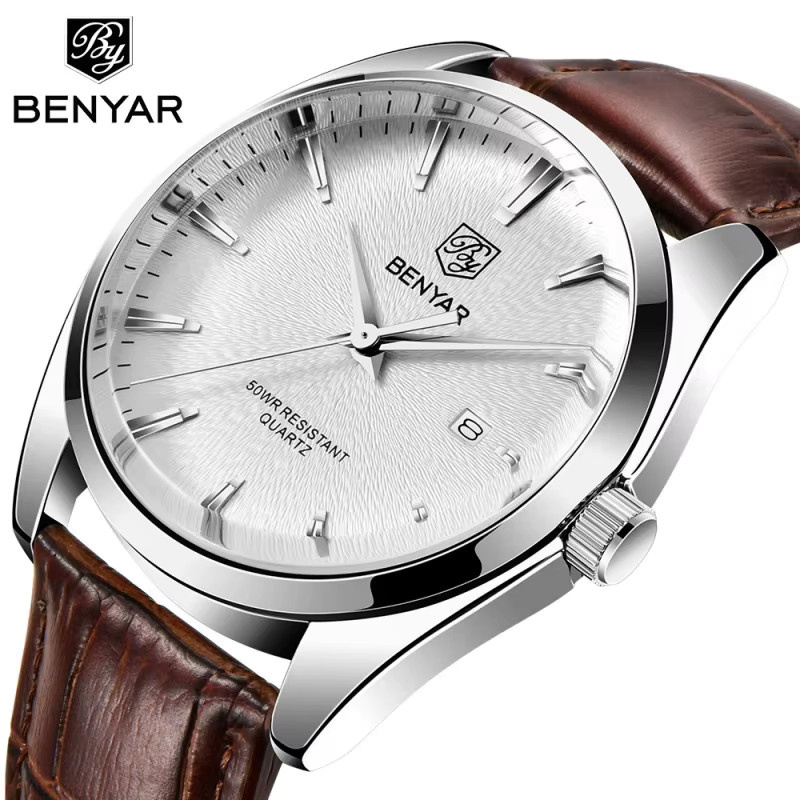 Benyar Armbanduhr, Quarz, Leder, Edelstahl, Schwarz, Herren - Bild 5