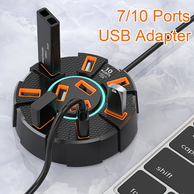 FocusOnPC USB 2.0 Hub mit 7 Ports und LED, Multi-Port Expansion Splitter mit Netzteil für Laptop und Computer, Schwarz - Bild 1