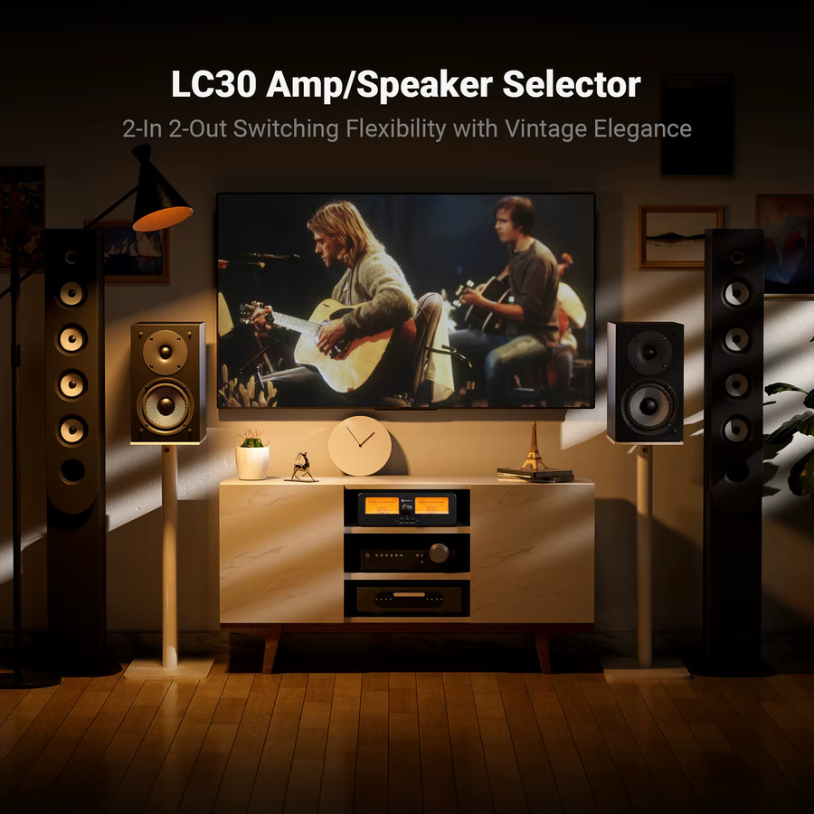 Fosi Audio LC30 Verstärker Lautsprecher Umschalter 2-in-2 Out mit Dual Analog VU Meter und Fernbedienung, Schwarz - Bild 2