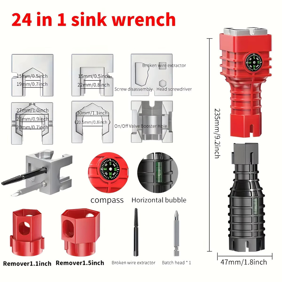 NIUXIANG 24-in-1 Reparaturwerkzeug-Set für Bad- und Küchenarmaturen in Rot - Bild 6