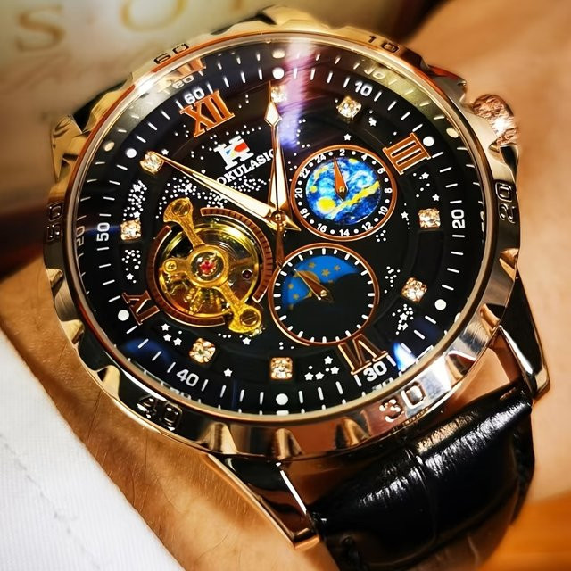 AOKULASIC Armbanduhr Automatik, Schwarz, Leder, Herren - Bild 1