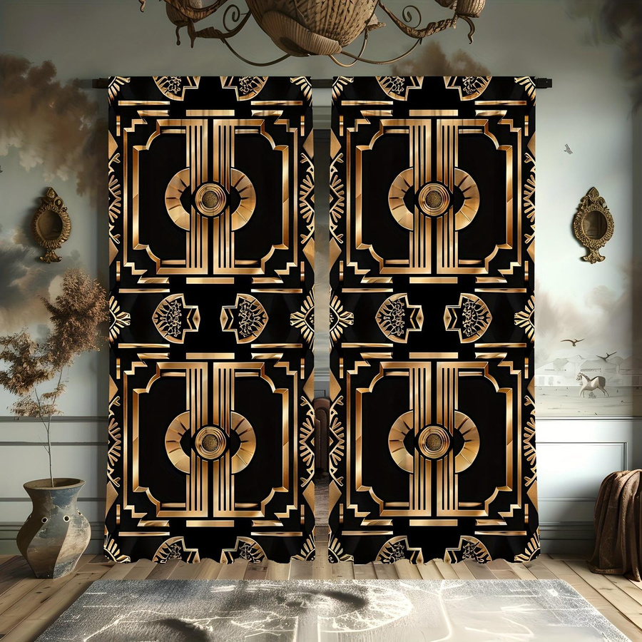 2er-Set Yiran Furniture Dekorative Vorhänge mit goldenem Muster in Schwarz-Gold, semi-transparent, B: 100 cm, H: 130 cm - Bild 4