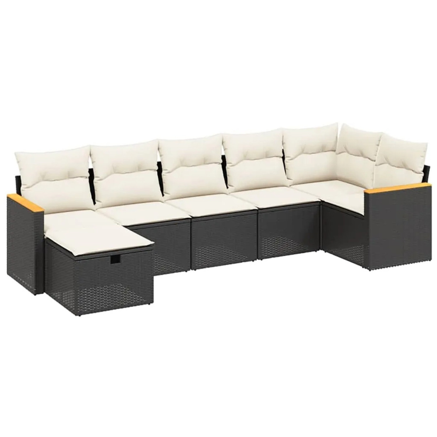 vidaXL 7-tlg Garten-Sofagarnitur aus Poly Rattan in L-Form mit Kissen und Ottoman, Schwarz - Bild 2