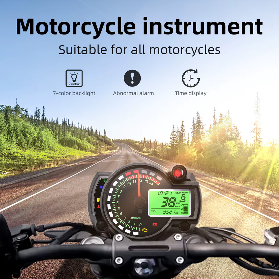 MAIMEIMI Motorrad Universal Digital Tachometer 12V mit Sicherheitsalarm, LED LCD Wassertemperaturanzeige und N Gang Anzeige in Schwarz - Bild 4