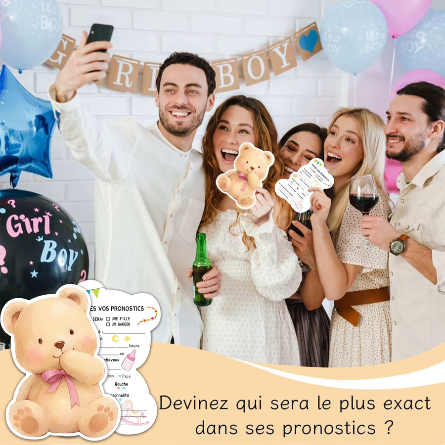30 Stück Baby-Willkommenskarten mit Bären-Motiv für Gender-Vorhersage-Spiele, mehrfarbig, 320 g/m² Karton - Bild 2