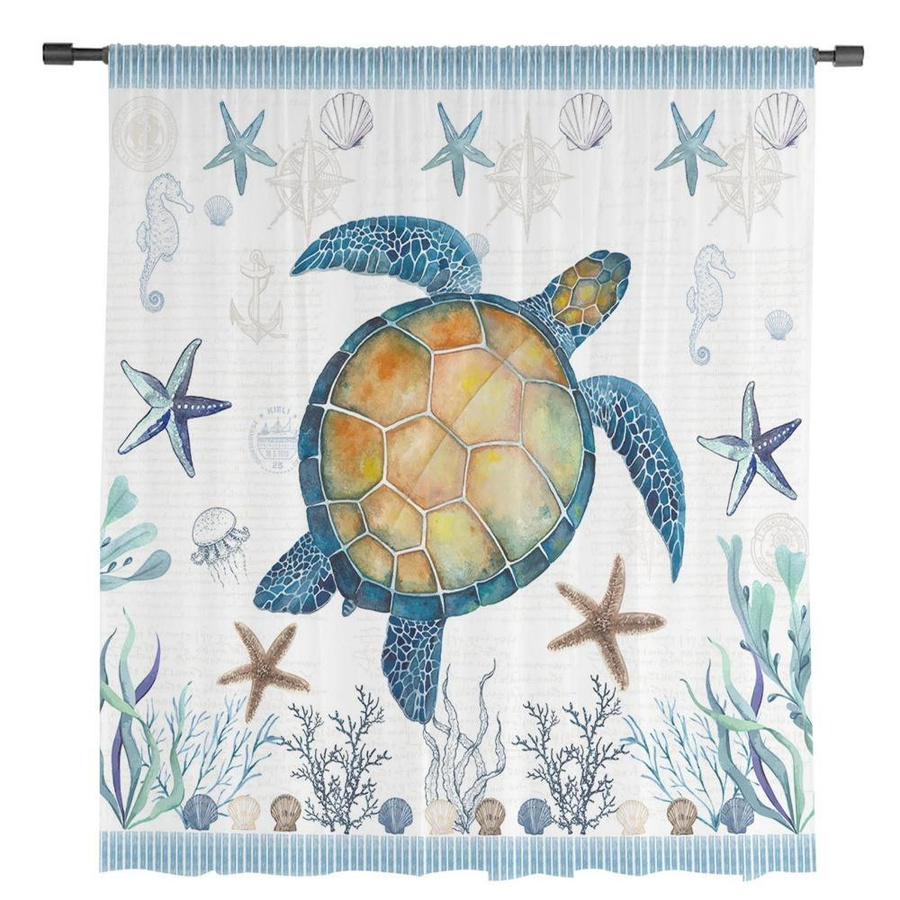 Transparente Tüll-Vorhänge mit Meeresschildkröte, Seestern und Muschel in Blau und Multicolour, Breite: 135 cm, Höhe: 115 cm - Bild 2
