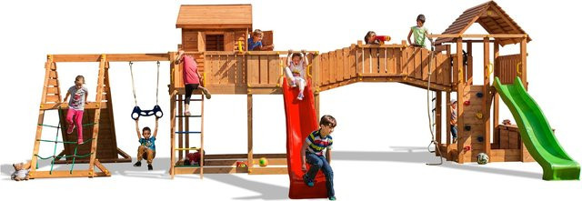 Fungoo Spielturm Maxi Set Spider Land My Space XL Fortress Toybox Rainbow Spider+ in Teak mit 2x Rutschen, 2x Spieltürmen, Verbindungsbrücke, Schaukel, Leiter, Trapez, Kletterseil und Kletterwänden - Bild 3