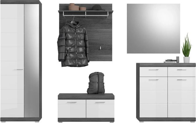 Inn.Furn Garderoben-Set Shawn 5-teilig in Weiß Hochglanz und Grau mit Schuhschrank, Sitzbank, Spiegel und Wandpaneel, B/T/H: 197 x 40 x 272 cm - Bild 1