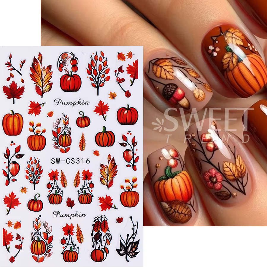 Sweet Trend Nagelaufkleber, 3 Stück, Herbst Kürbis Ahornblatt Kiefer Obst Blume - Bild 2
