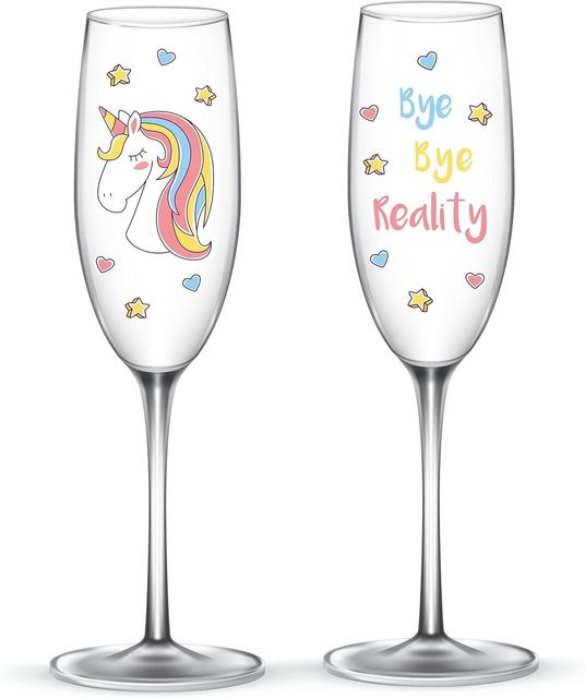 EinhornLiebe Sektgläser Set Bye Bye Reality, 2 transparente Proseccogläser aus Glas - Bild 1