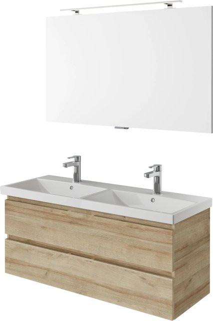Pelipal Badmöbel-Set Serie 4035 3-tlg. grifflos in Riviera Eiche mit Doppelwaschtisch, Waschtischunterschrank und Spiegelschrank mit LED-Beleuchtung - Bild 1