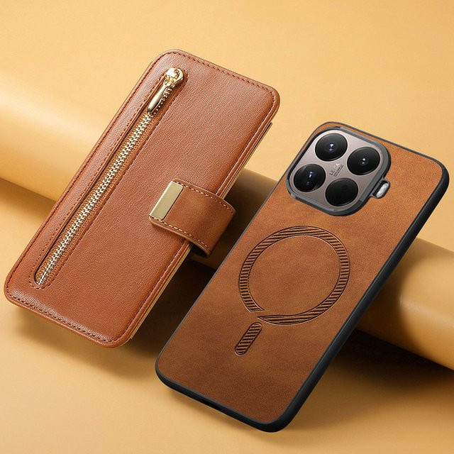 2-in-1 Magnetische Leder-Brieftaschenhülle mit Reißverschluss für Xiaomi 17T Pro 5G und Xiaomi 15T Pro in Orange oder Braun - Bild 1