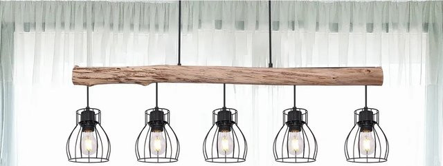 Globo Pendelleuchte aus Metall und Holz in Schwarz und Natur, B/H: 104 x 140 cm, 5 E27 Fassungen - Bild 1