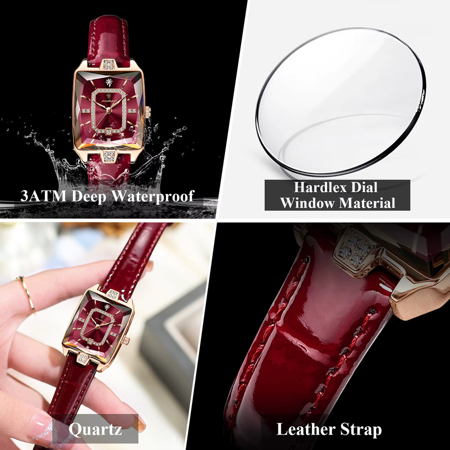 POEDAGAR Armbanduhr, Quarz, Rechteckig, Leder, Roségold, Damen - Bild 4